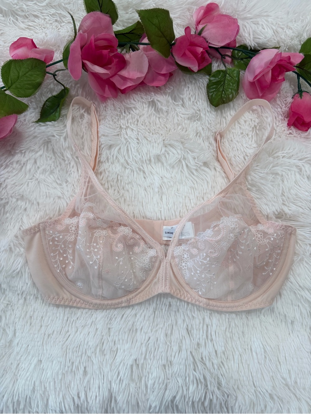 Simone Perele Bra 34D Pink Sheer Floral Embroidered Underwire French Lingerie
